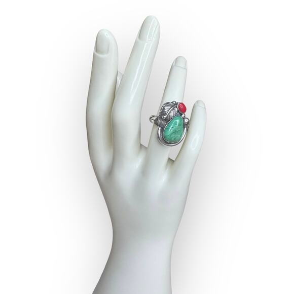 Vintage Navajo Style Sterling Silver Ring Turquoise & Coral Stones Size 7 - Picture 5 of 8